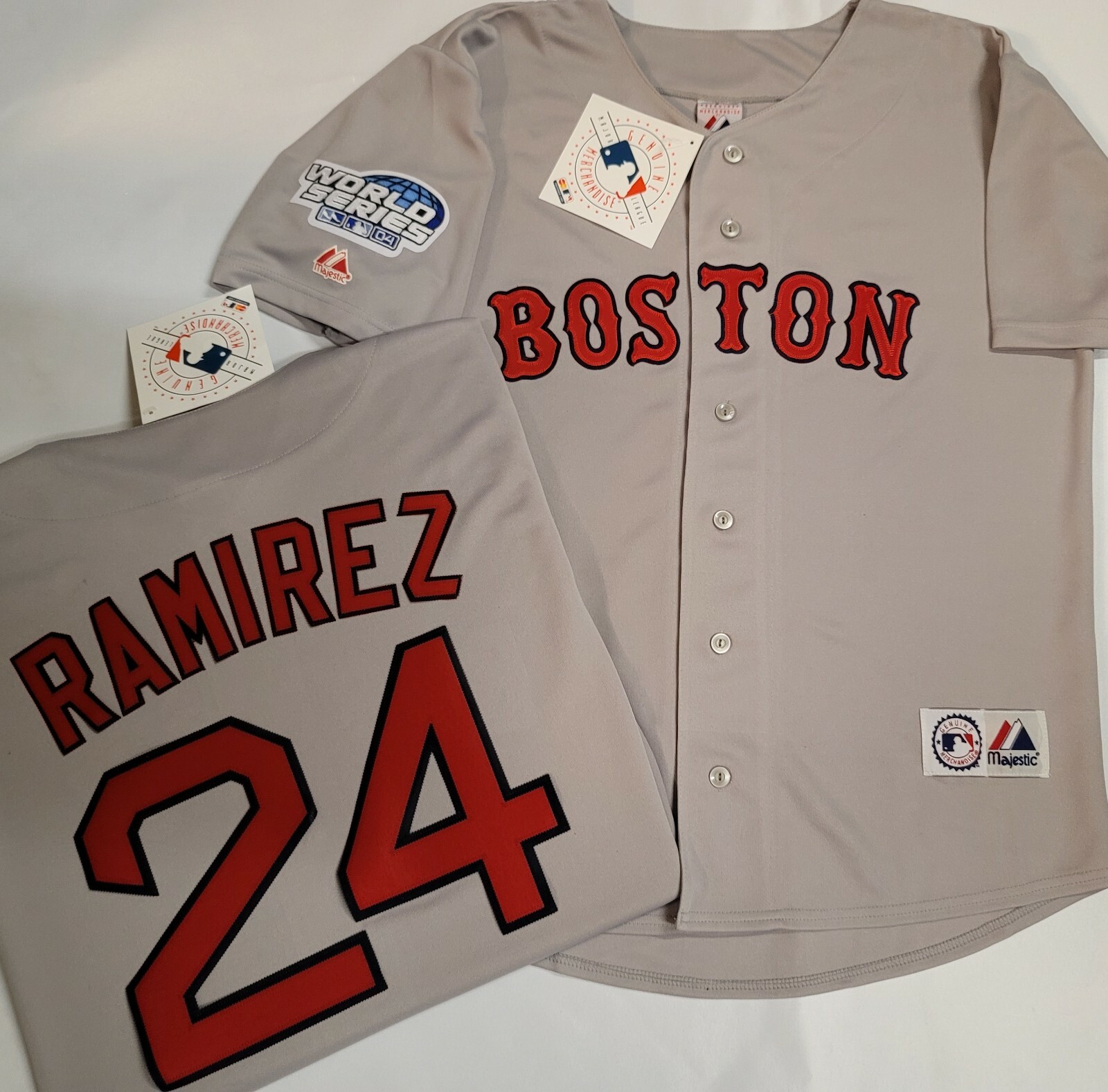 Majestic Boston Red Sox MANNY RAMIREZ 2004 World Series Baseball JERSEY GRAY Majestic Boston Red Sox MANNY RAMIREZ 2004 World Series Baseball JERSEY GRAY