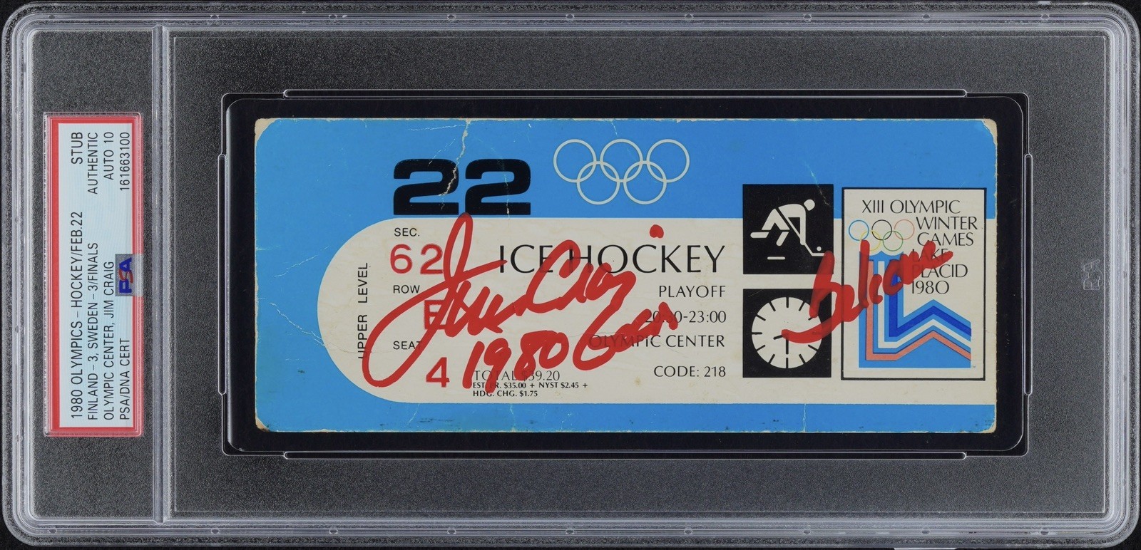 Jim Craig Signed & Inscribed 1980 Olympics Hockey Ticket (PSA & PSA/DNA 10)