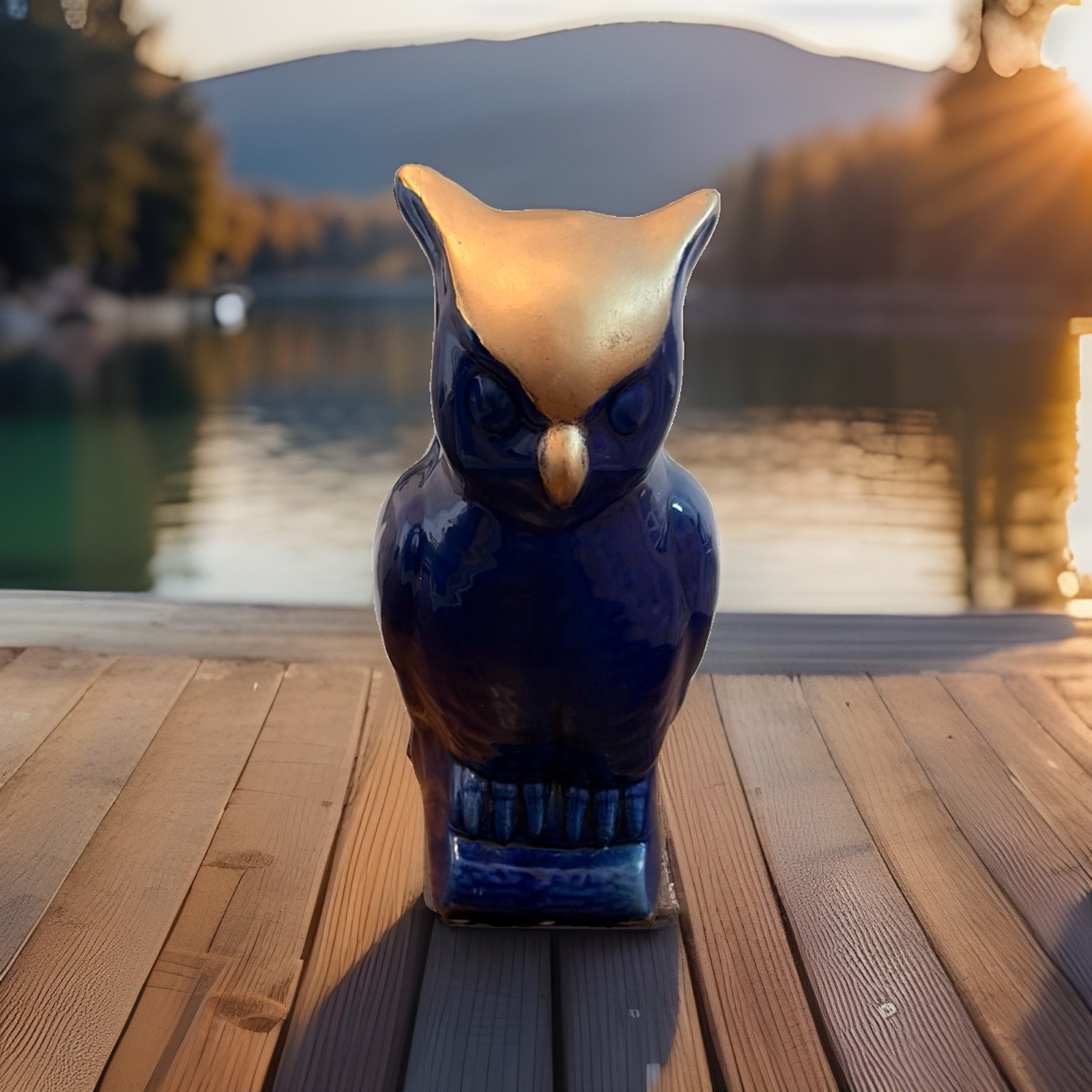 Vintage Dark Blue And Gold Ceramic Owl Pocket Planter/ Self Standing MCM Vintage Dark Blue And Gold Ceramic Owl Pocket Planter/ Self Standing MCM