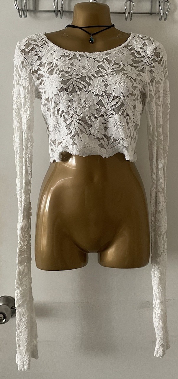 Nineth Closet Sheer Lace Flare Extra Long Sleeve Euro Crop Top White S/M Italy