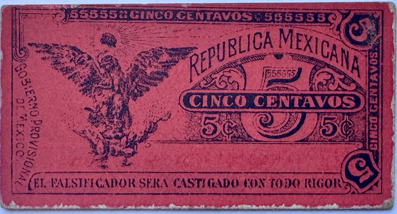 1914 Mexico 5 Centavos Cartón Banknote Mexican Revolution Transitorio Currency