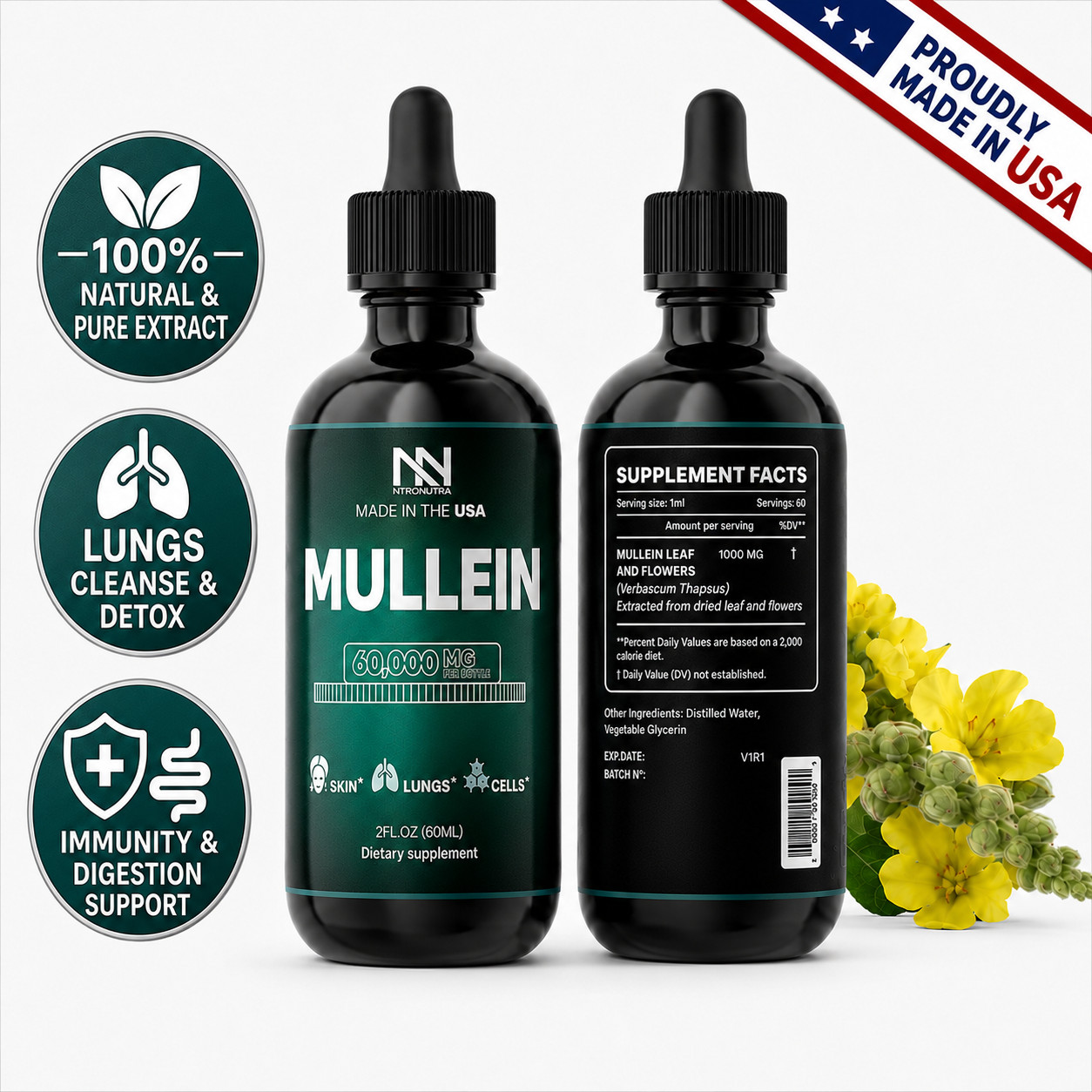 Mullein Drops for Lungs Cleanse & Respiratory Detox, Leaf & Flower Extract, 2 oz Mullein Drops for Lungs Cleanse & Respiratory Detox, Leaf & Flower Extract, 2 oz