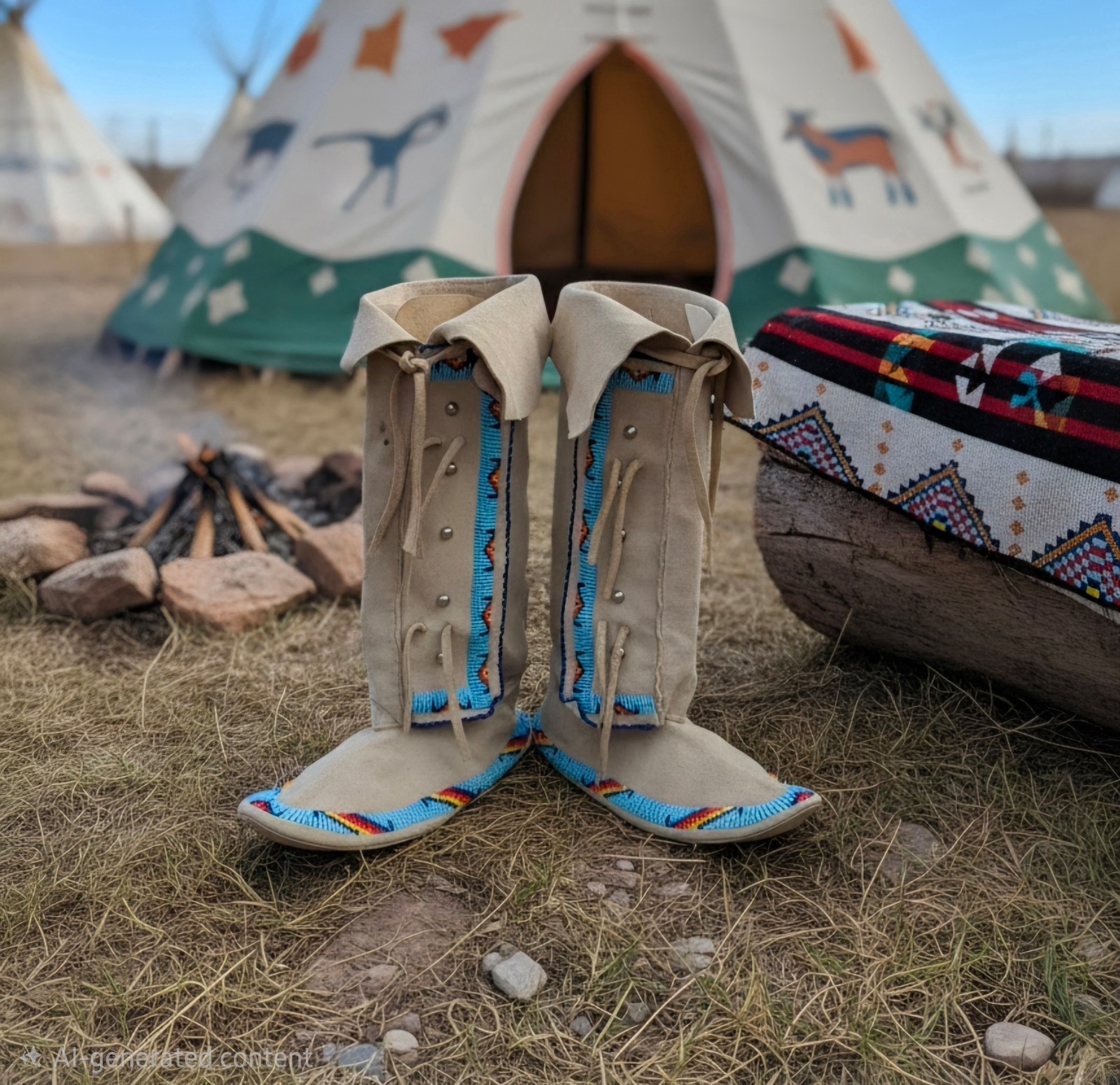 Vintage 1970\'s Native American Tall Deerskin Beaded Moccasins Vintage 1970\'s Native American Tall Deerskin Beaded Moccasins