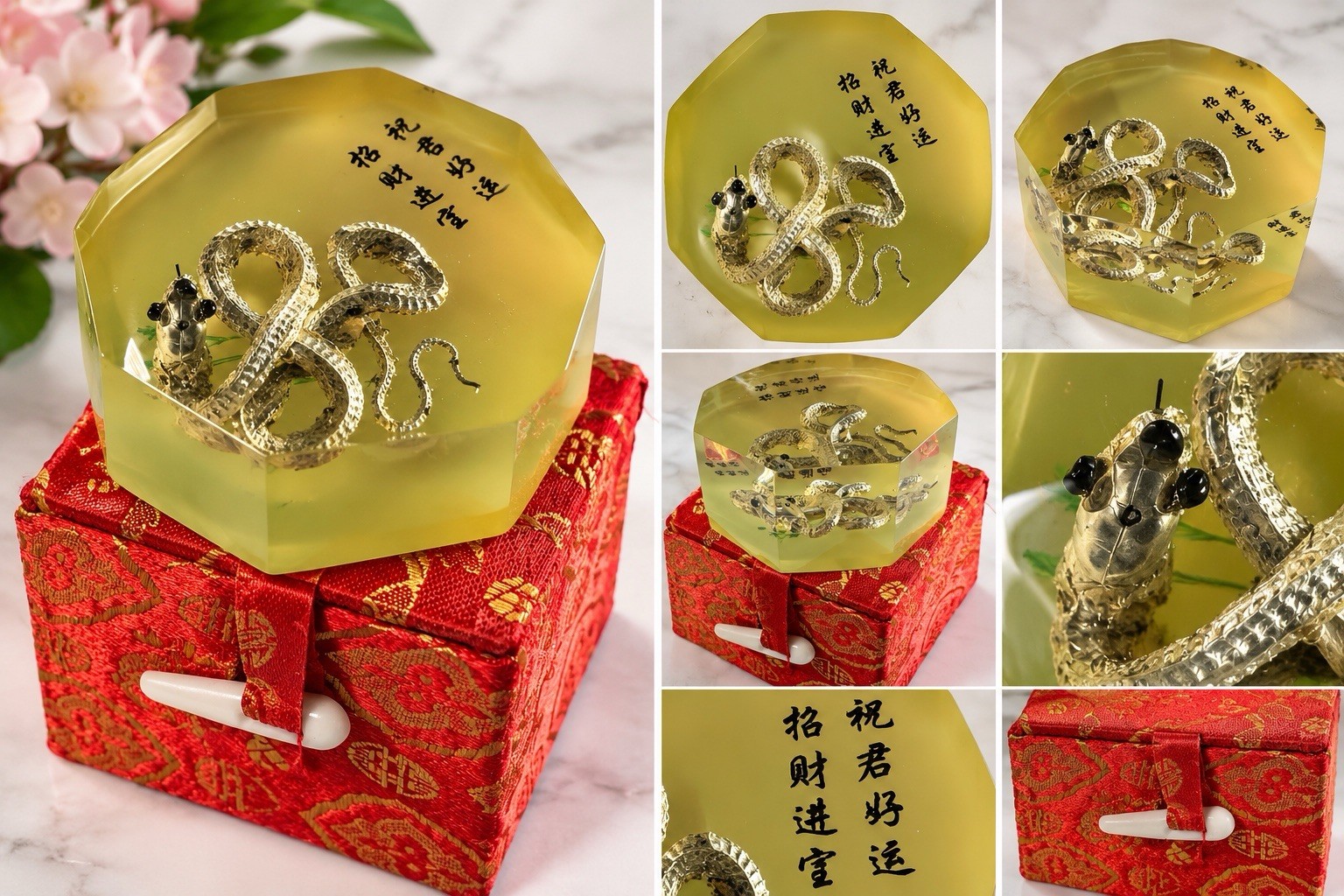 Vintage Chinese Zodiac Snake Resin Paperweight Desk Ornament w/ Brocade Box Vintage Chinese Zodiac Snake Resin Paperweight Desk Ornament w/ Brocade Box