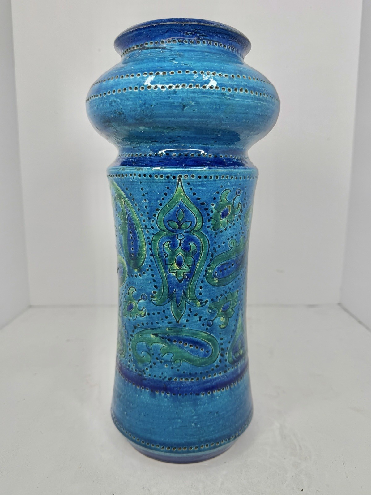 Vintage MCM Aldo Londi Bitossi Pottery Vase Rimini Blue Paisley 12”