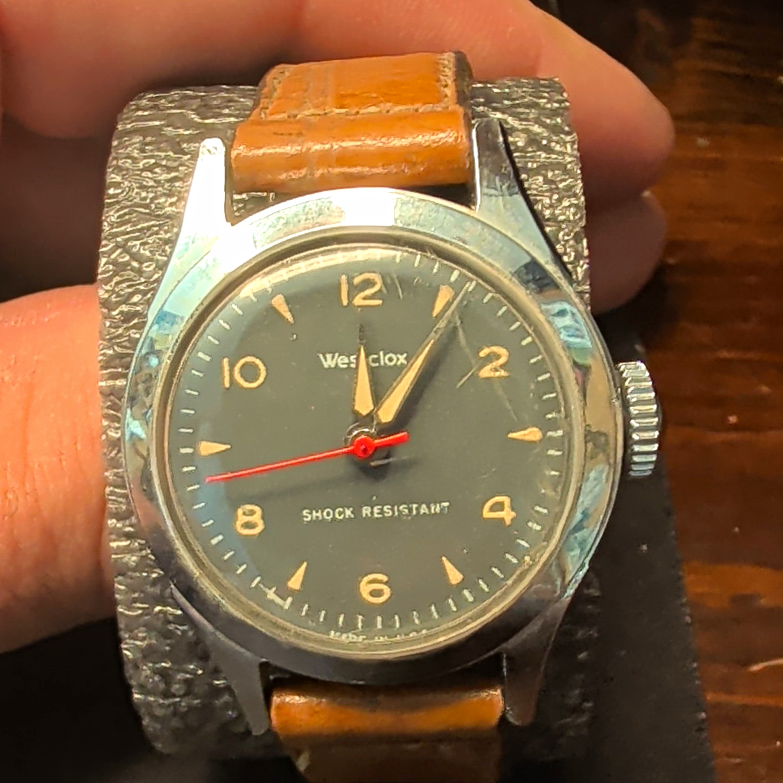 Westclox Shock-Resistant Manual Wind Analog Watch Black Dial Brown Leather