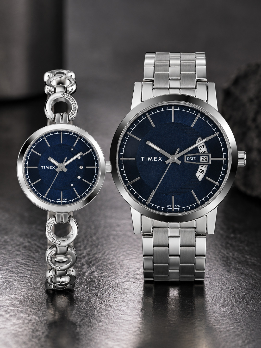 Timex His and Hers Watch Set Navy Blue Dial Silver Stainless Steel Date Pair
