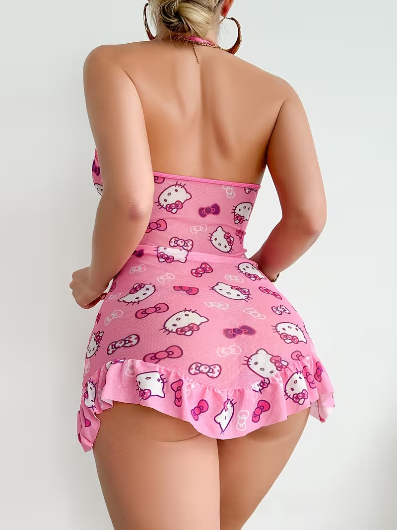 Large Pink Hello Kitty Lingerie Bodycon Babydoll. Cut-Out, Ruffle Hem Backless Large Pink Hello Kitty Lingerie Bodycon Babydoll. Cut-Out, Ruffle Hem Backless