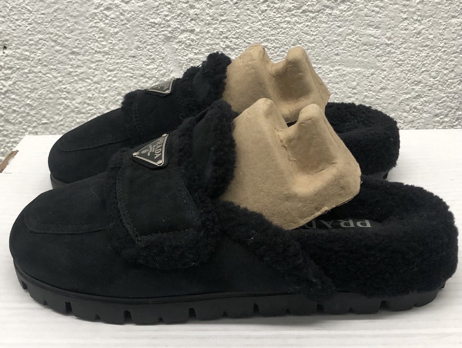 PRADA Shearling-Lined Suede Black Slipper Mules EU 37 (US 7) BB34
