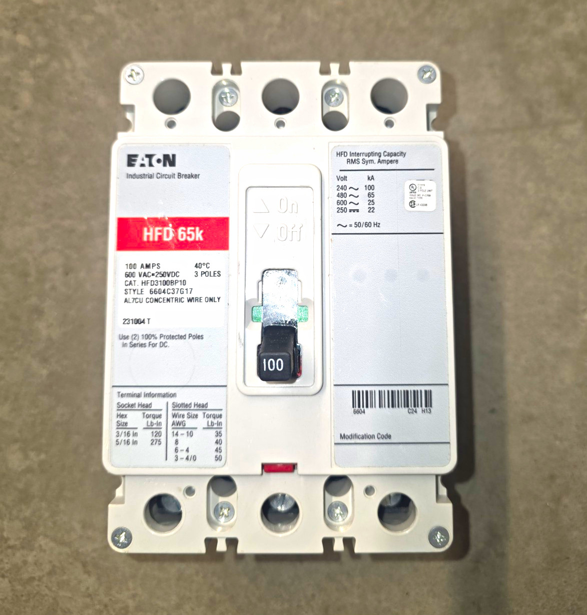 Eaton HFD3100BP10 100A 3-Pole 600V Industrial Circuit Breaker HFD 65k