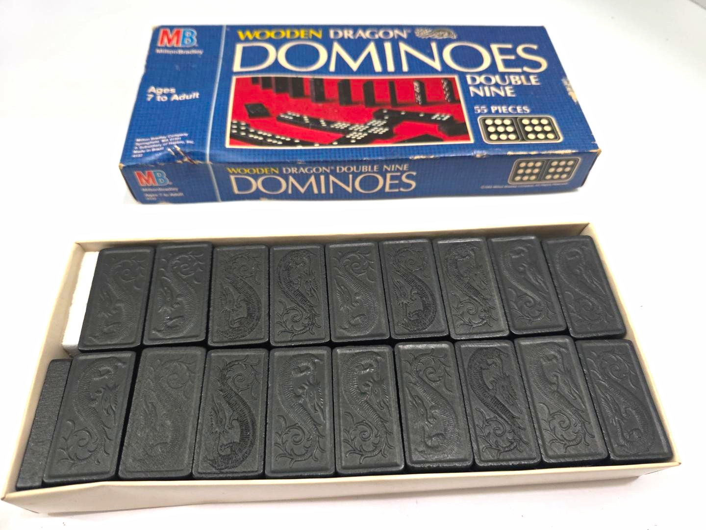 VTG 1983 Milton Bradley Wooden Dragon Double Nine Dominoes 55 Pc Complete 4132