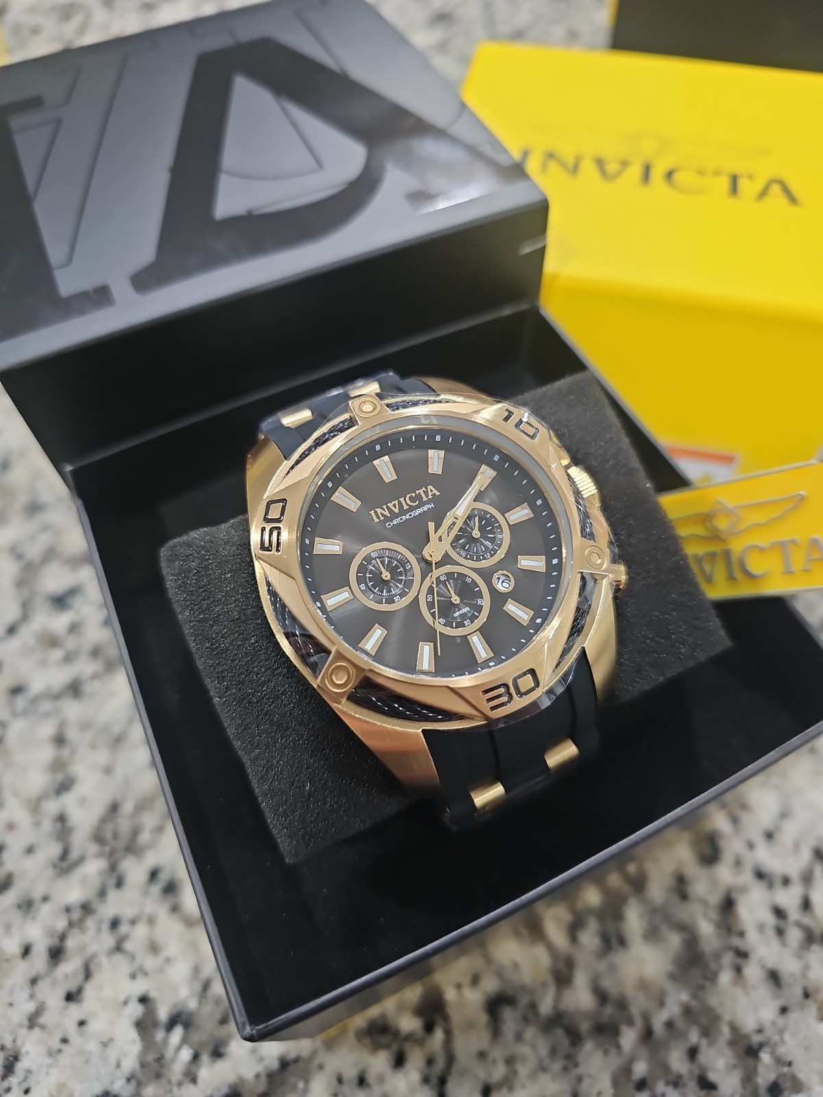 RETAIL $499🔥INVICTA BOLT BLACK SILICONE BAND YELLOW GOLD  50mm CHRONOGRAPH NEW 