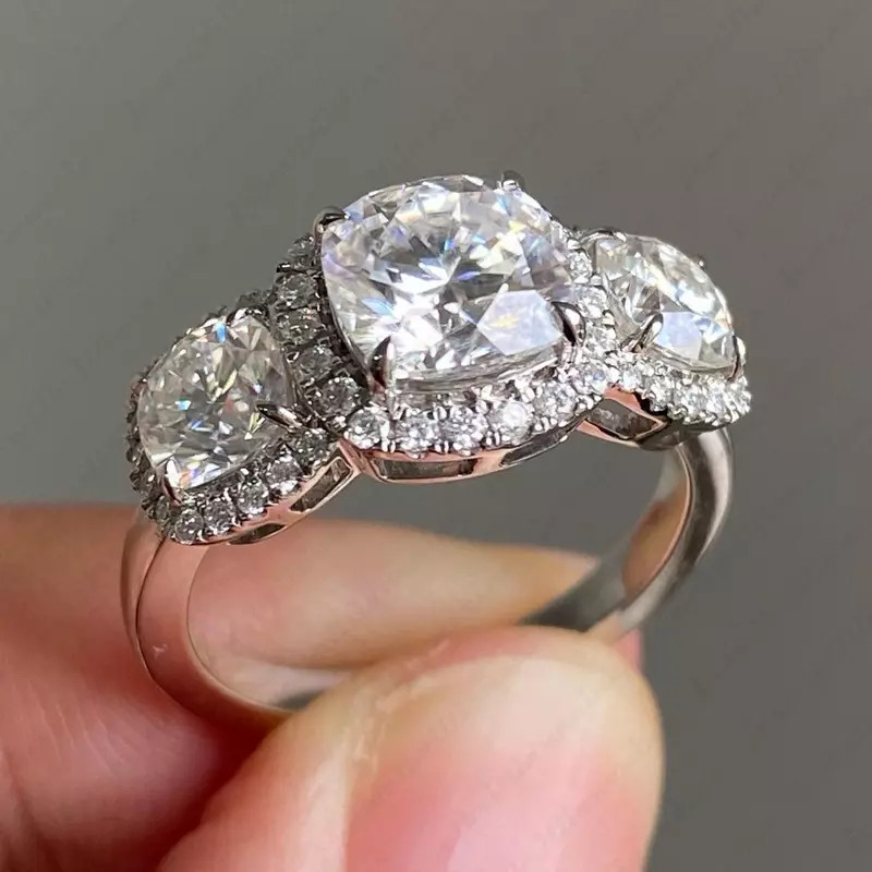 2.34Ctw Cushion Moissanite Halo 3-Stones Engagement Ring 14K White Gold Plated