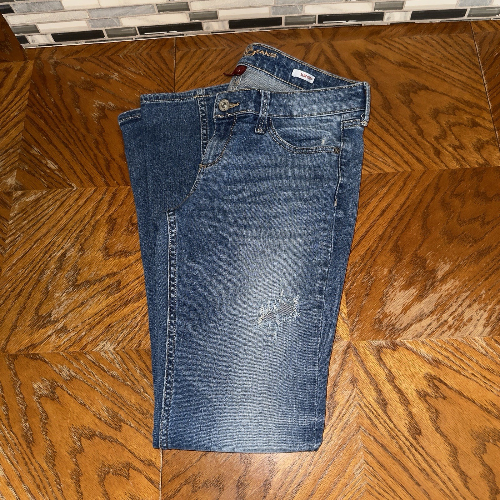 Arizona Jean Co Slim Boot Mid Rise Distressed Whiskered Denim Jeans 9
