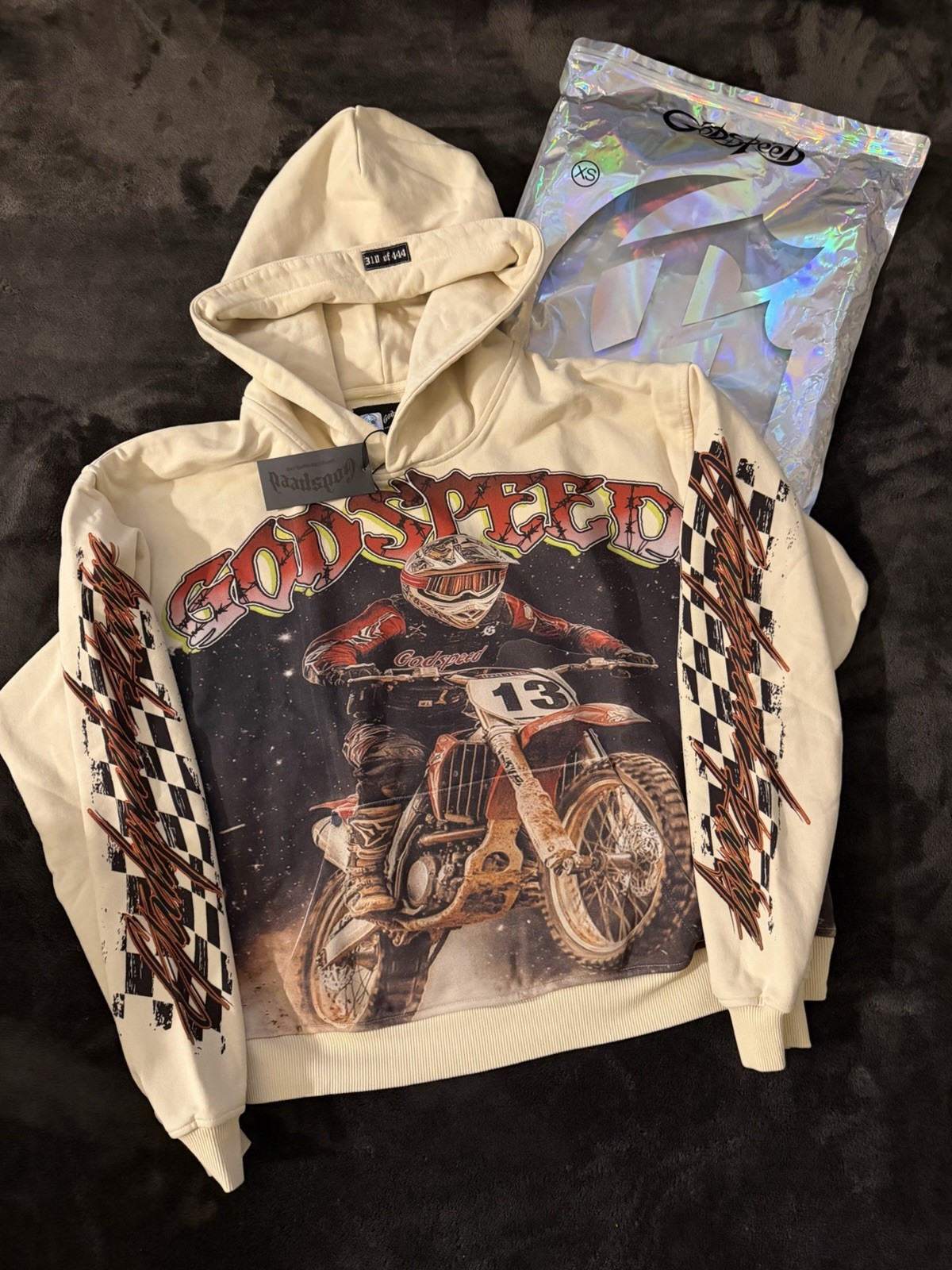 Godspeed Men’s Creme Motorcycle Racing Graphic Pullover Hoodie XS Fits a Small