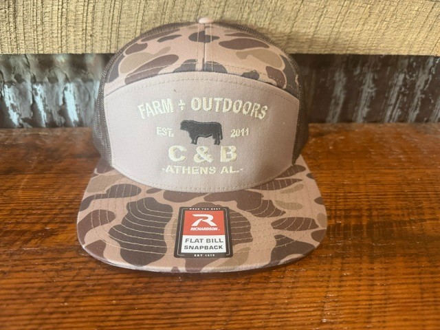 New C&B Farm + Outdoors Richardson 168P Flat Bill Snapback Brown Camo Bull Logo