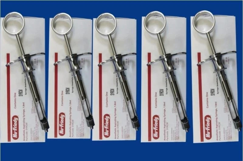 Lot of 5 Hu-Friedy Dental Aspirating Syringes CW Style 1.8ml German Stainless Lot of 5 Hu-Friedy Dental Aspirating Syringes CW Style 1.8ml German Stainless