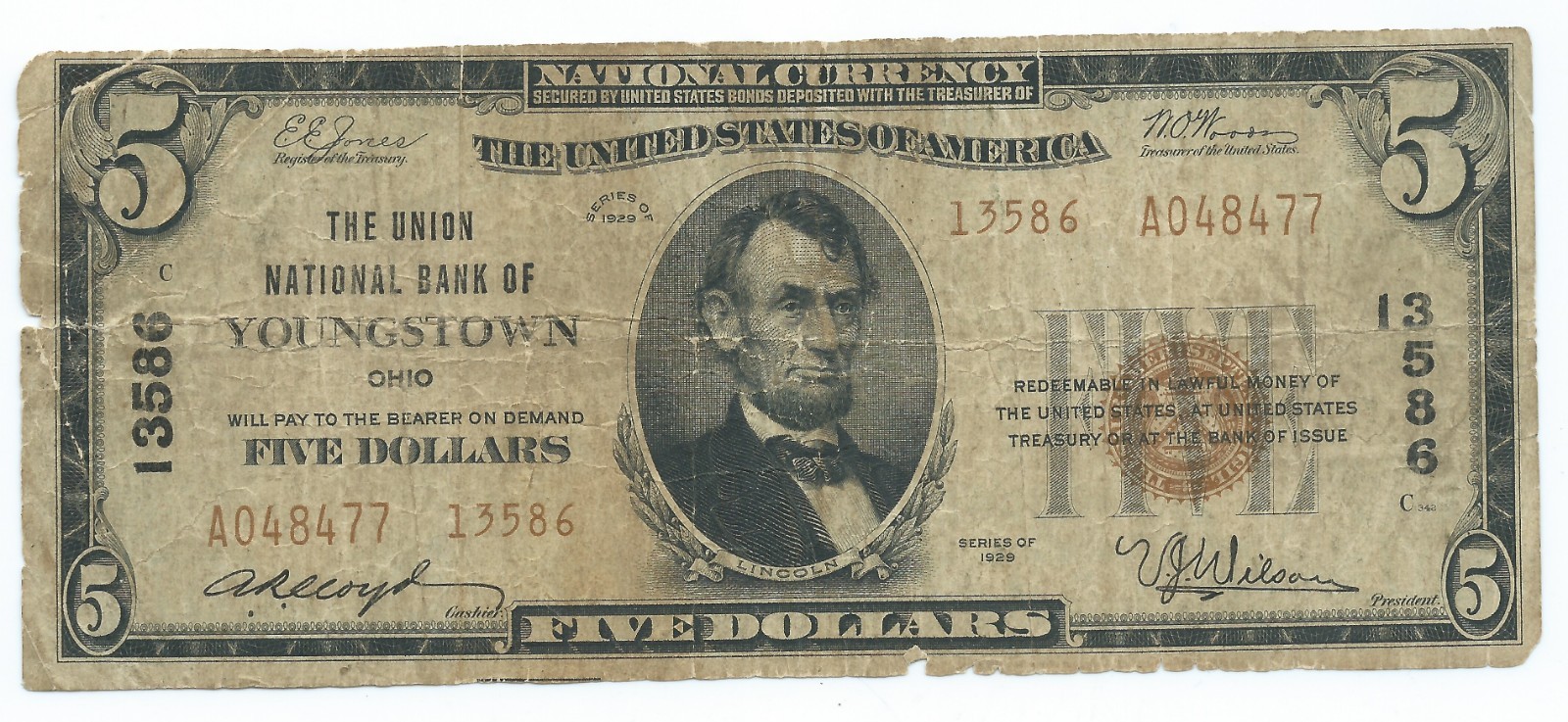 1929 $5 NATIONAL BANKNOTE = THE UNION NATIONAL BANK of YOUNGSTOWN, OHIO = TYPE 2