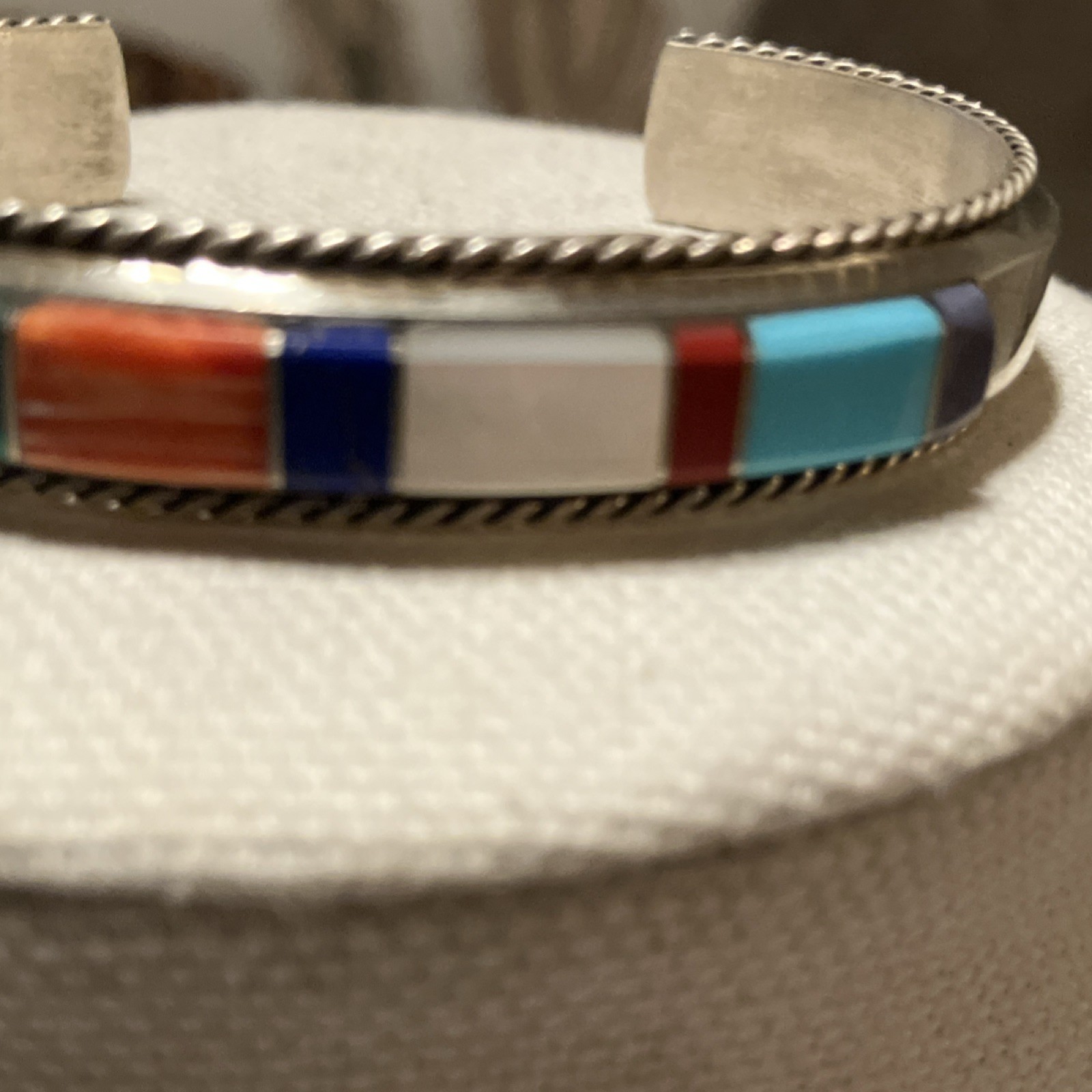 Francis Yazzie Navajo SS 925 Signed Turquoise Coral Shell Inlay Cuff Bracelet 6