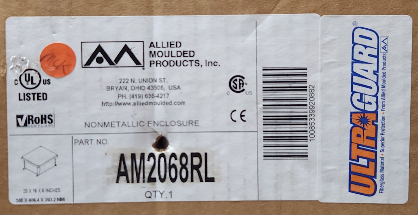AMP ALLIED MOULDED PRODUCTS AM2068RL Electrical Enclosure 20x16x8 Inches Ultra G