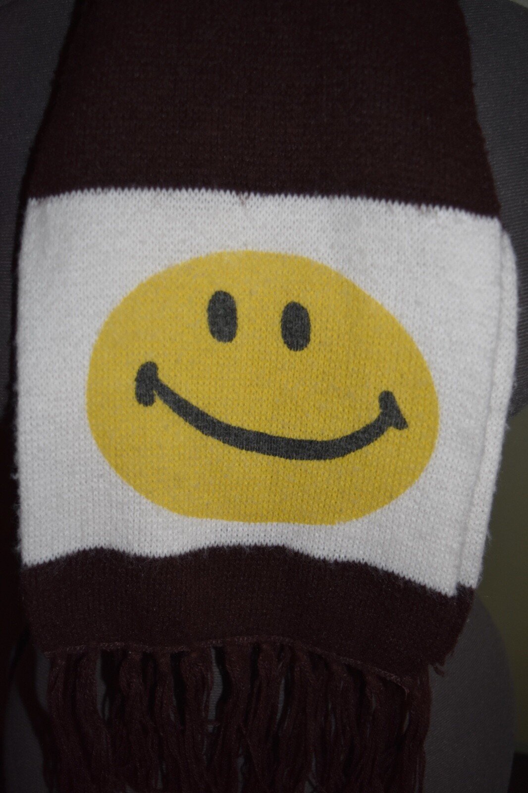VTG 1970s Smiley Face Winter Scarf Acrylic Fringe Happy USA Brown Yellow 60\