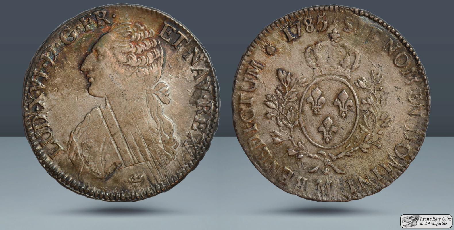 1785 France Ecu. King Louis XVI, Toulouse Mint, Almost Uncirculated, Toned C7314