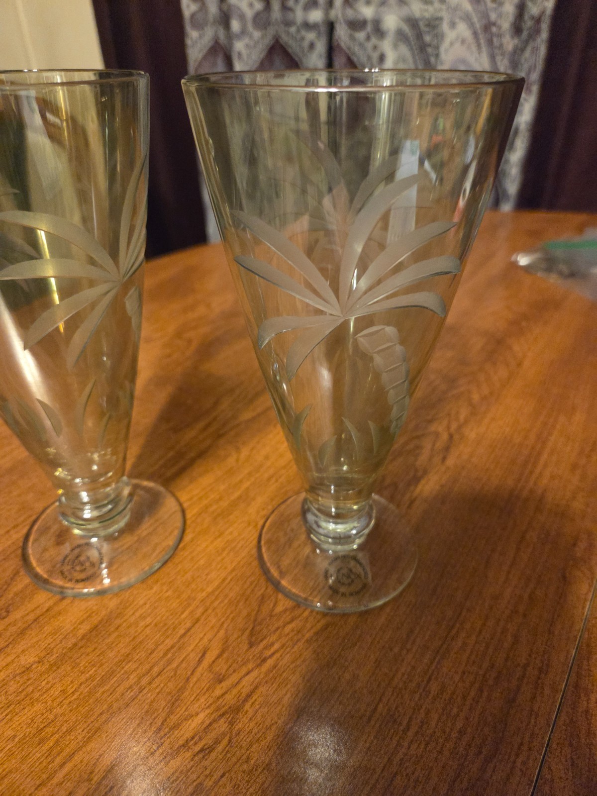 2 Lenox British Colonial Amber Iced Tea Glasses Etched Palm Trees Retired 