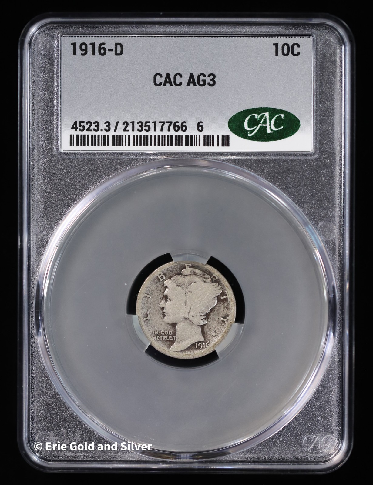 1916-D 10C Silver Mercury Dime CAC AG 3 | About Good 03 Key Date