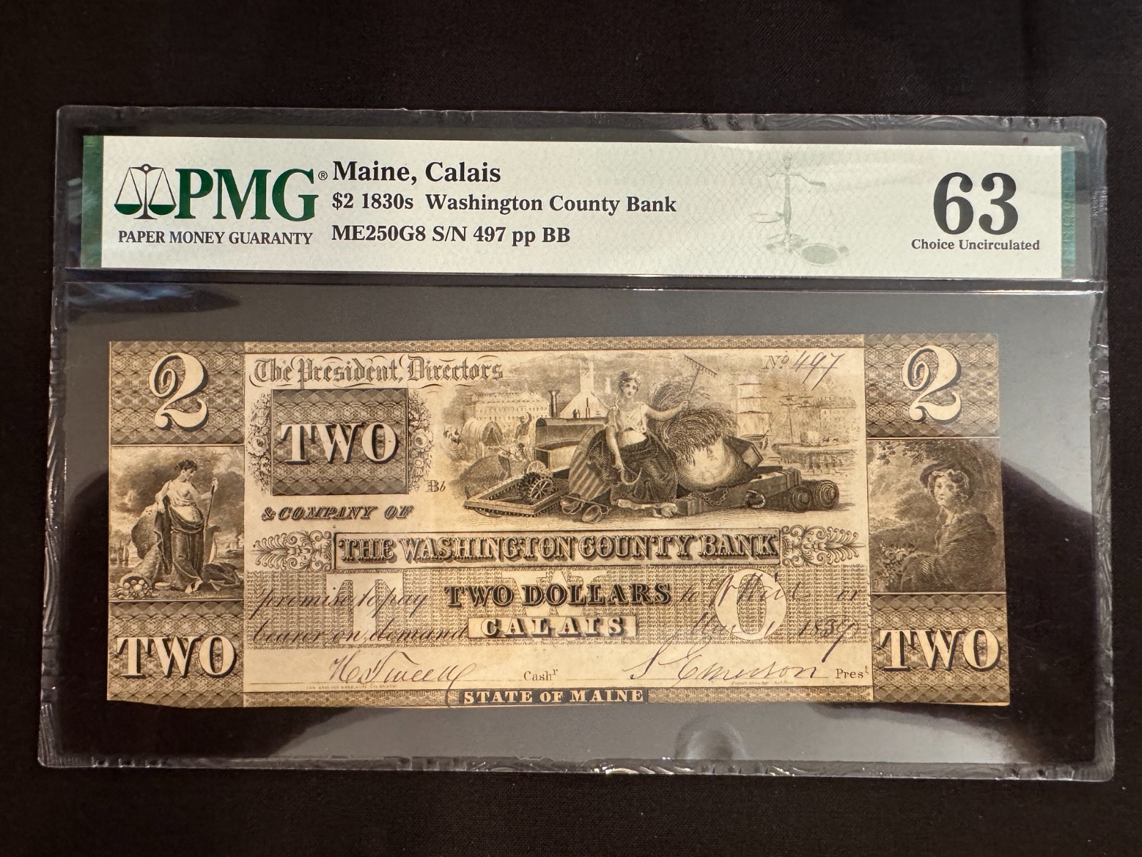 1830 The Washington County Bank Maine $2 Dollar PMG 63 Choice UNC