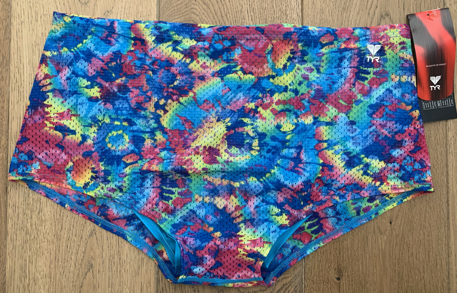 TYR Mens 38 XL Blue Pink Yellow Swim Suit Brief Trainer GROOVY Retro Tie Dye New