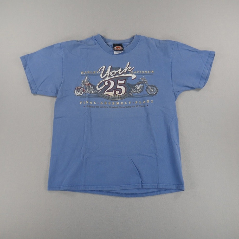 Vintage 90s Harley Davidson Final Assembly Plant Tee Mens Size Large Blue Biker Vintage 90s Harley Davidson Final Assembly Plant Tee Mens Size Large Blue Biker