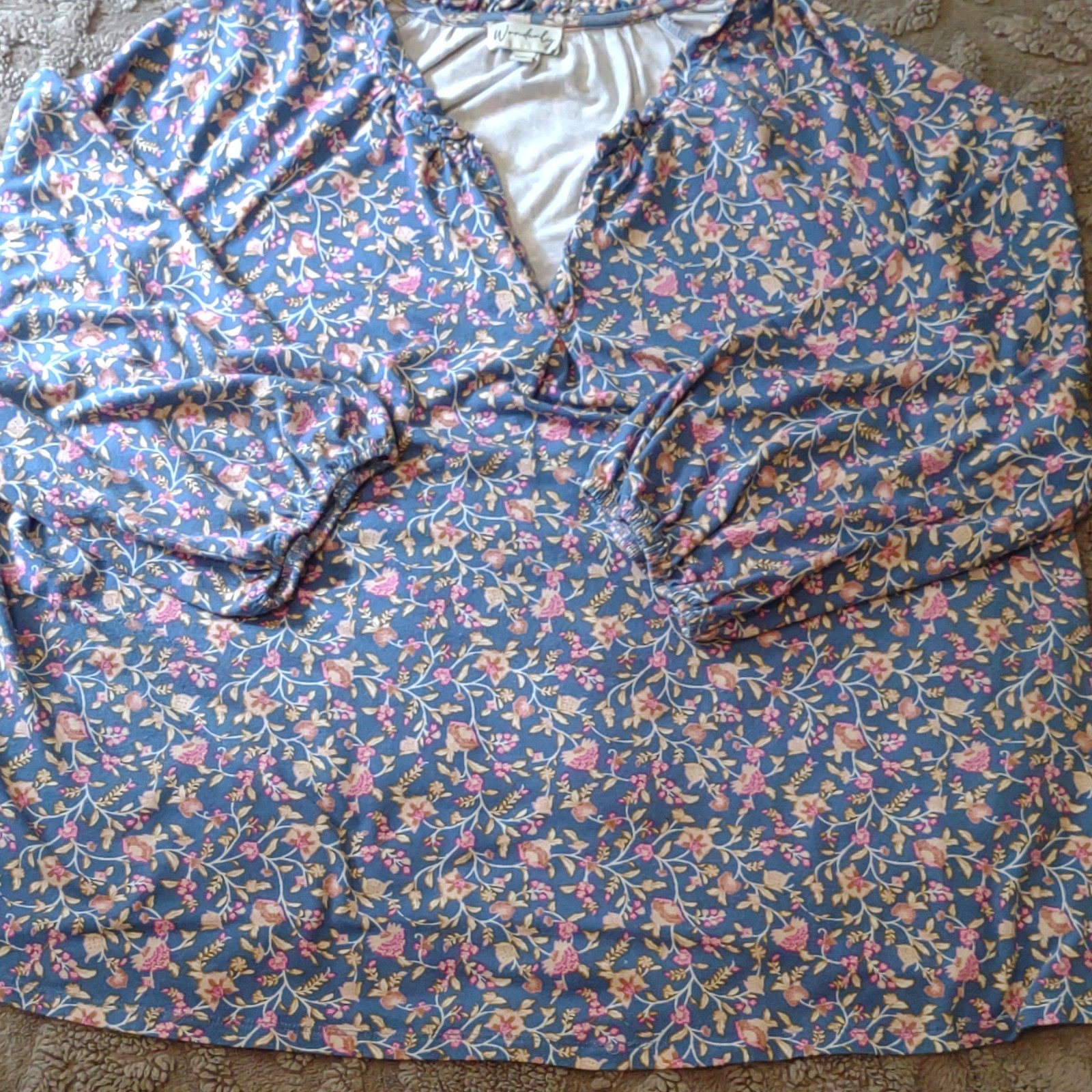Wonderly Women\'s 2X Plus Blue Floral V-Neck Long Sleeve Pullover Blouse 2x Plus Wonderly Women\'s 2X Plus Blue Floral V-Neck Long Sleeve Pullover Blouse 2x Plus