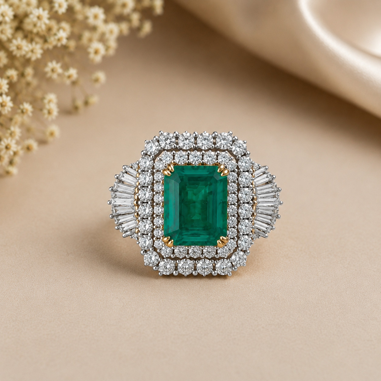4.90 Ct Natural Emerald Diamond Wedding Ring 14K White Gold Emerald Cut Size 8