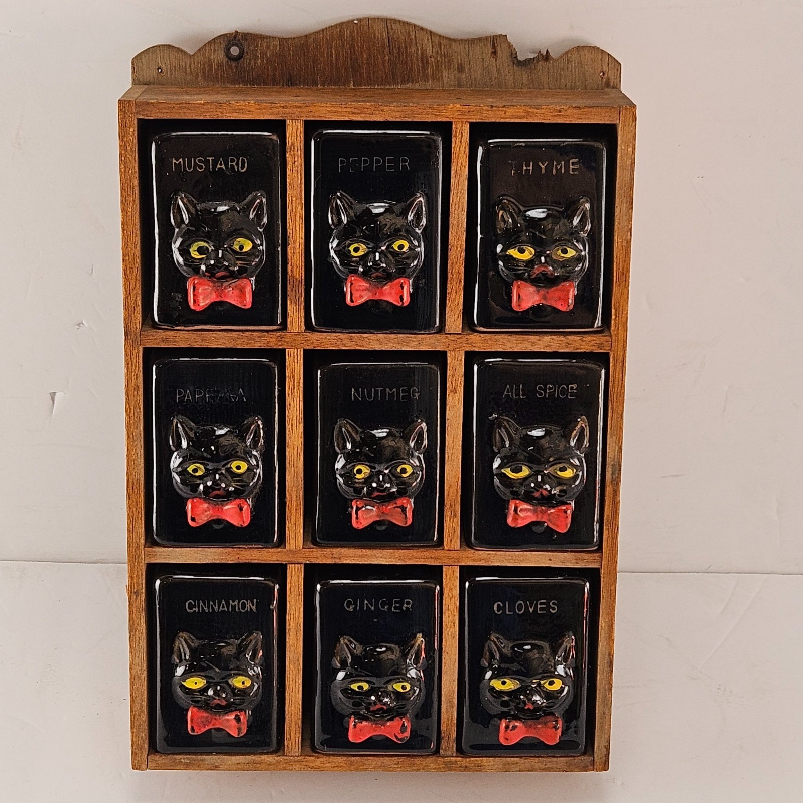 Vintage  Shafford «Black Cat» Jar Set 9 Ceramic Jars Wooden Rack MCM Kitchen