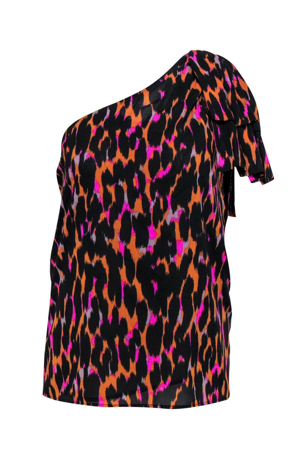 Trina Turk - Black, Orange & Magenta Leopard Print One-Shoulder Blouse w/ Floun Trina Turk - Black, Orange & Magenta Leopard Print One-Shoulder Blouse w/ Floun