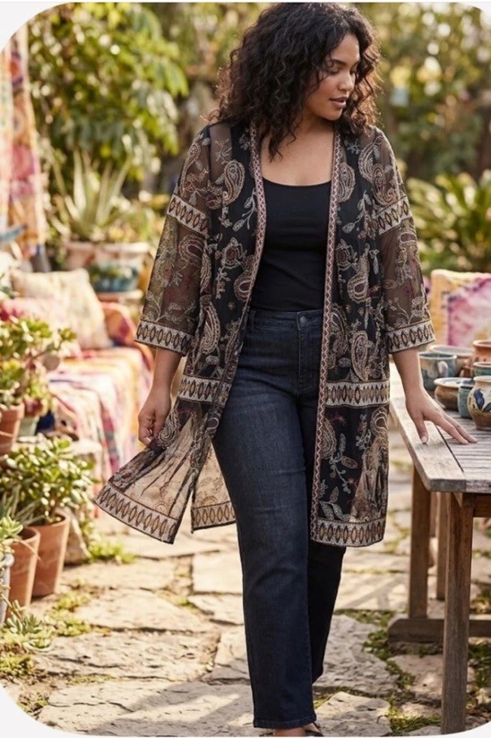 Catherines Sheer Open Topper 4X Black Embroidered Paisley Floral Cardigan Boho