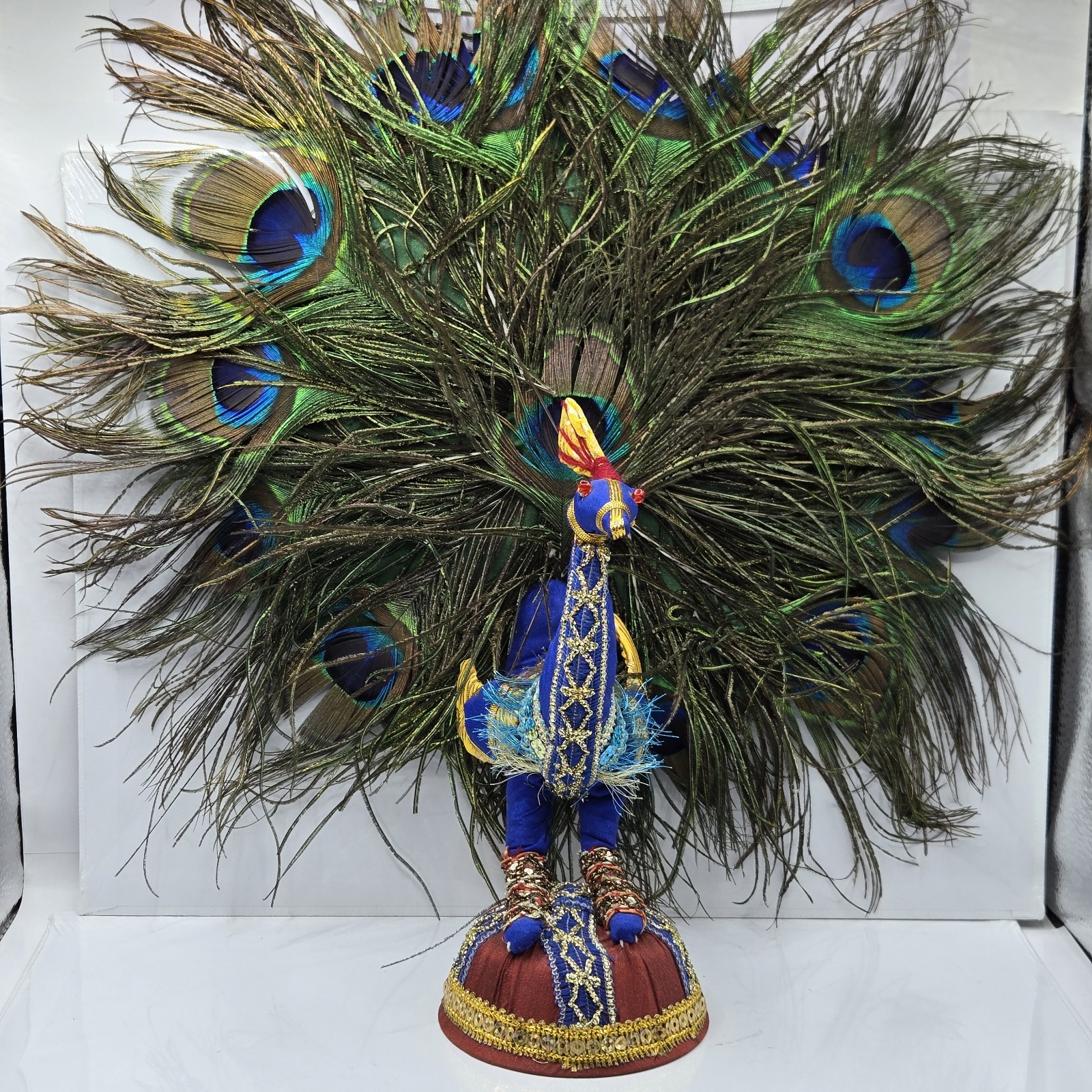 Rare Peacock folk art Figurine Fabric Enamel Handmade W Real Feathers India 14 Rare Peacock folk art Figurine Fabric Enamel Handmade W Real Feathers India 14
