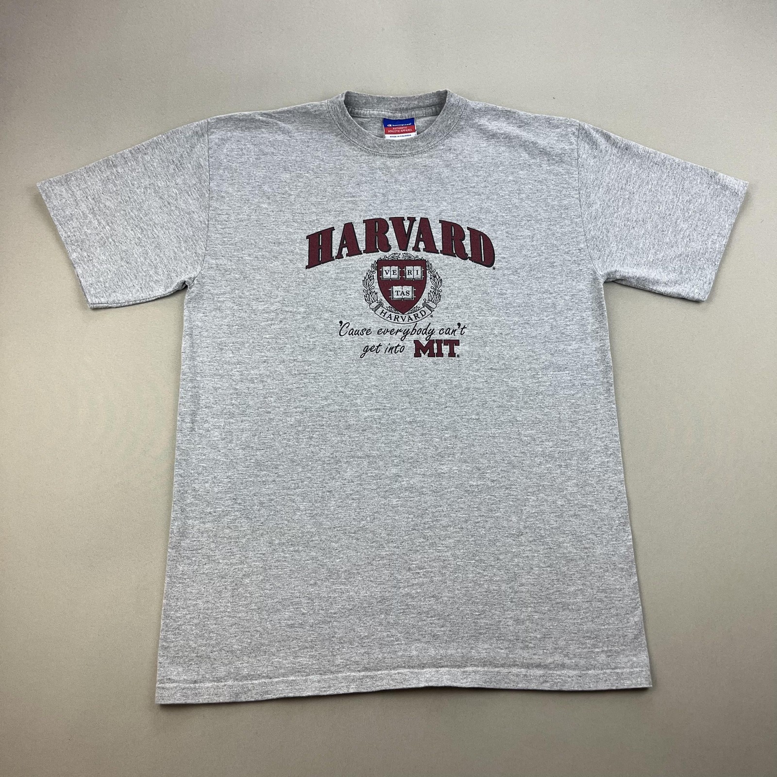 Vintage Harvard T-Shirt Mens Medium Gray Champion Crimson College MIT Dad Joke