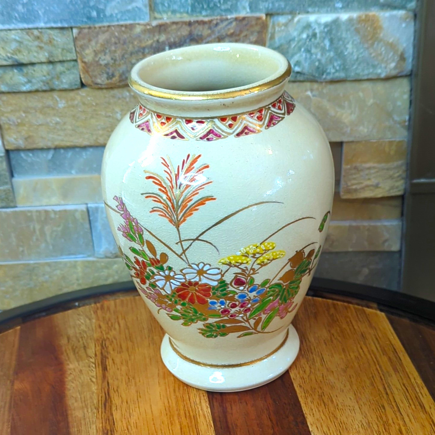 Vintage Japanese Satsuma Ware Miniature Vase Floral Kiku Pampas Grass Signed zan