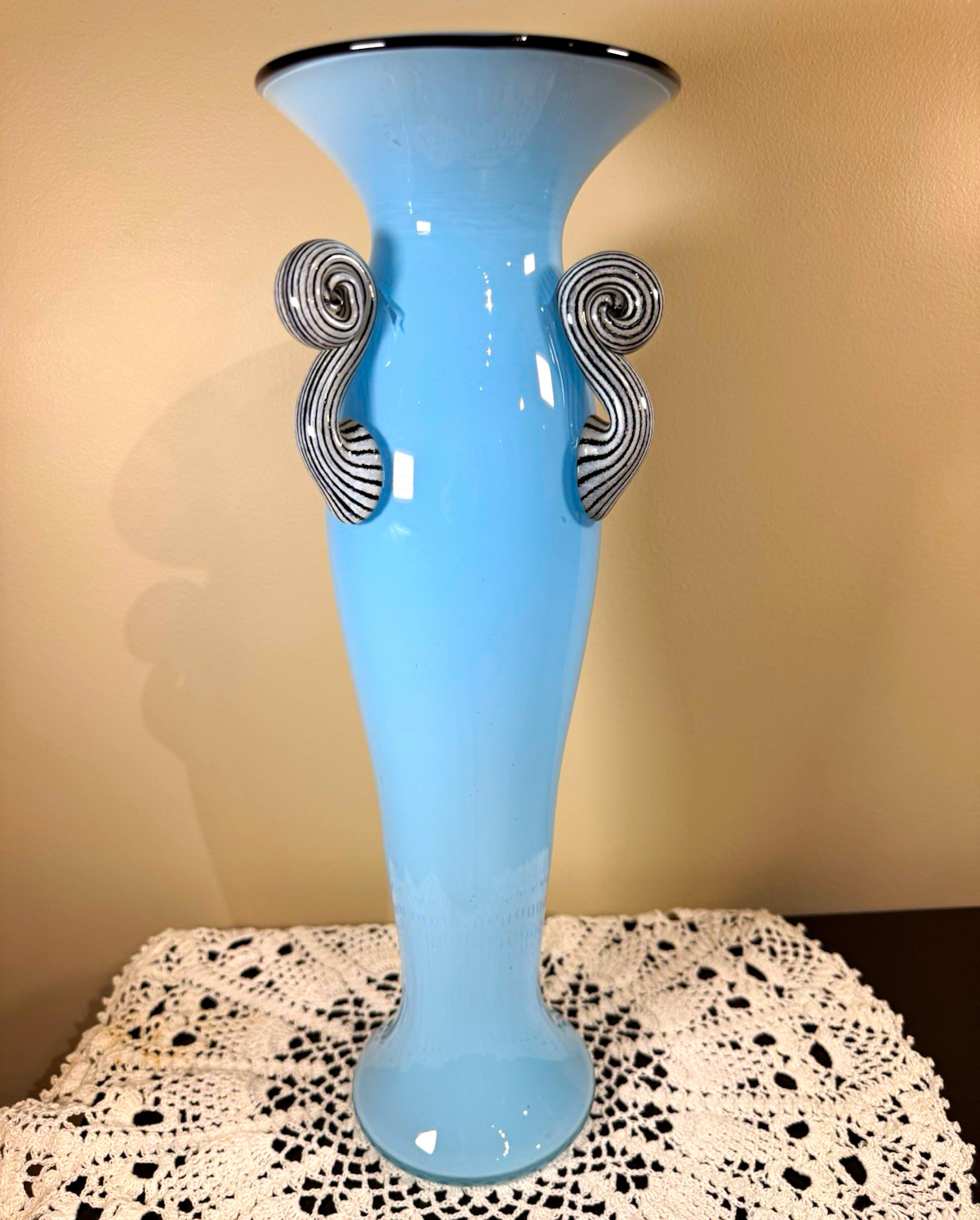 Dehanna Jones Hand Blown Art Glass Vase Blue w/ Black Rim Swirl Handles 17”