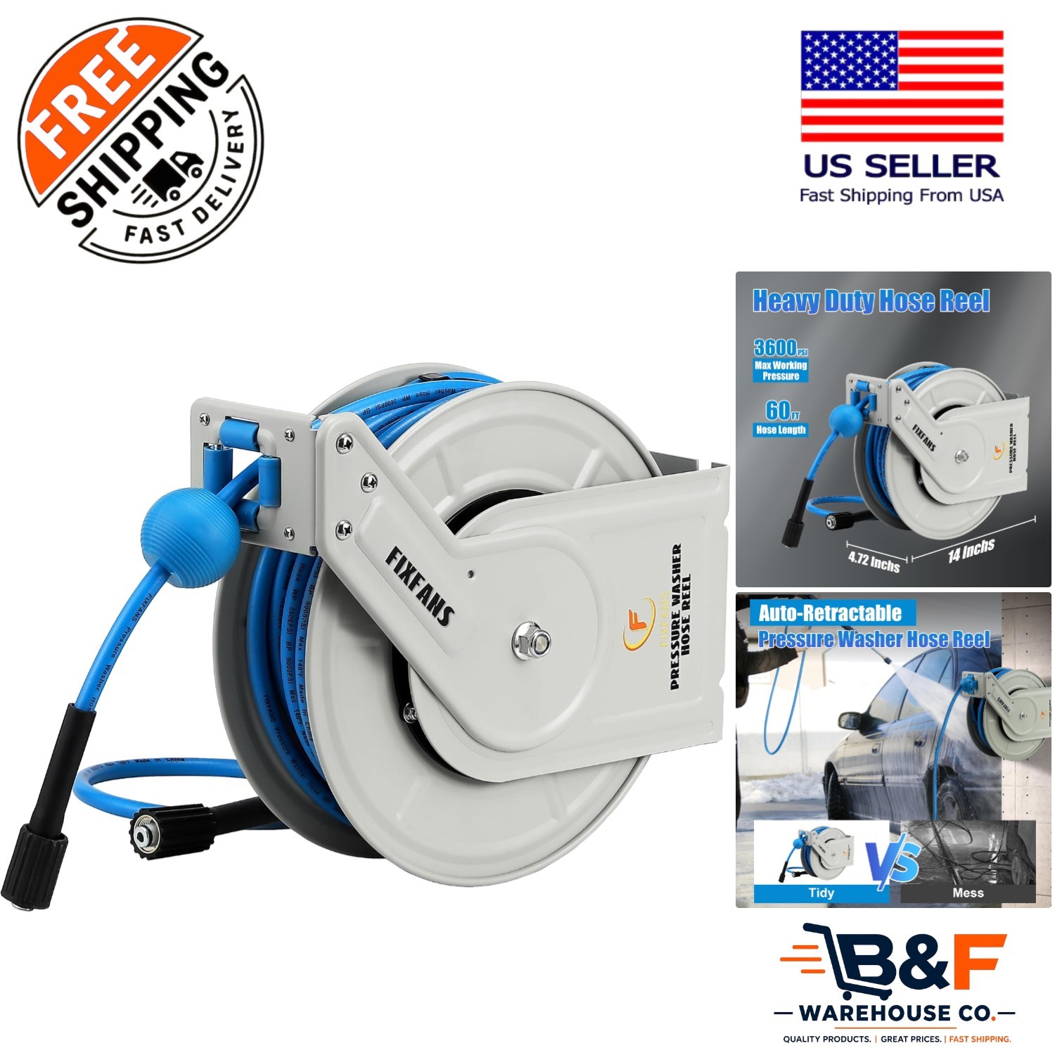 Versatile 60ft Stainless Steel Pressure Washer Hose Reel, Easy to Mount