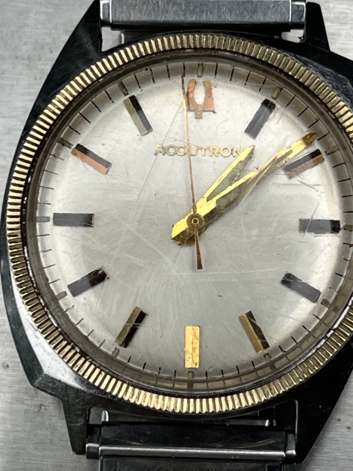 Accutron, M7 1967 Stainless Steel 14Kt. Gold Bezel Vintage 214, pre-owned, good Accutron, M7 1967 Stainless Steel 14Kt. Gold Bezel Vintage 214, pre-owned, good