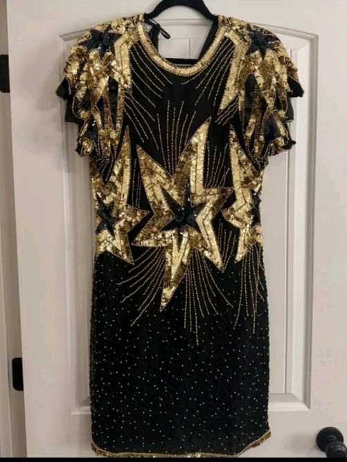 Vintage 80s Stenay Silk Black Gold Sequin Beaded Dress Art Deco Cocktail Size 10 Vintage 80s Stenay Silk Black Gold Sequin Beaded Dress Art Deco Cocktail Size 10
