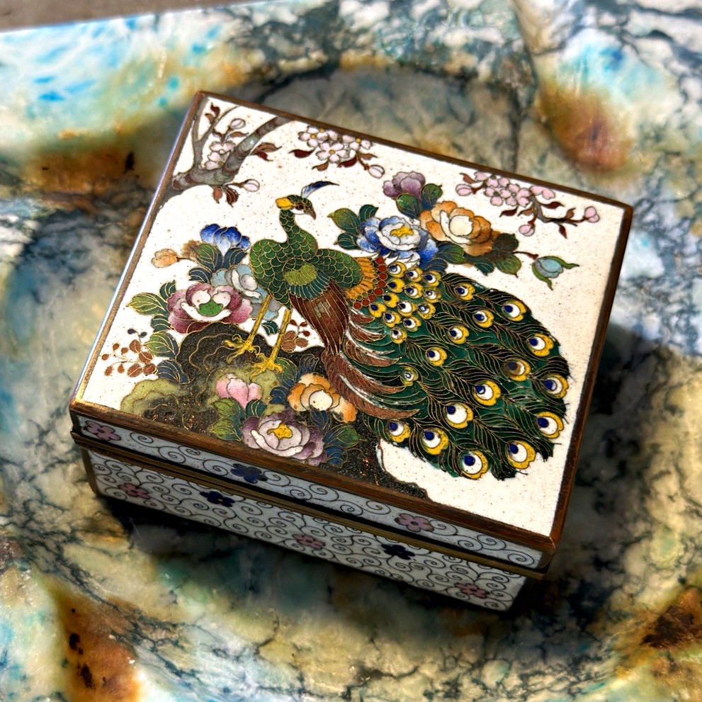 Antique Japanese Cloisonne Enamel Box Peacock Floral Meiji Era Trinket Box Antique Japanese Cloisonne Enamel Box Peacock Floral Meiji Era Trinket Box