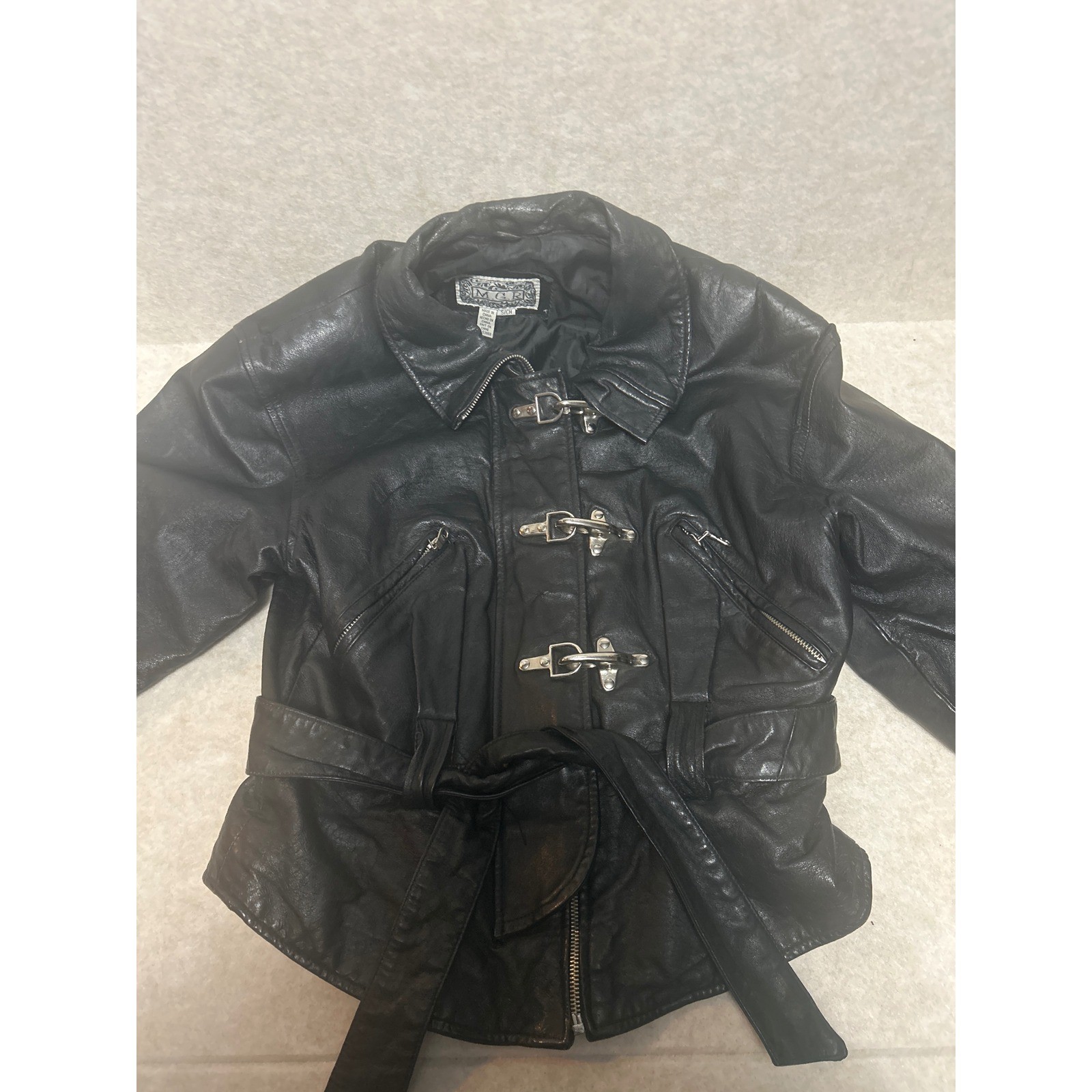 Vintage MGR Black Leather Jacket Lobster Claw Clasp Belted Biker Goth Womens S Vintage MGR Black Leather Jacket Lobster Claw Clasp Belted Biker Goth Womens S