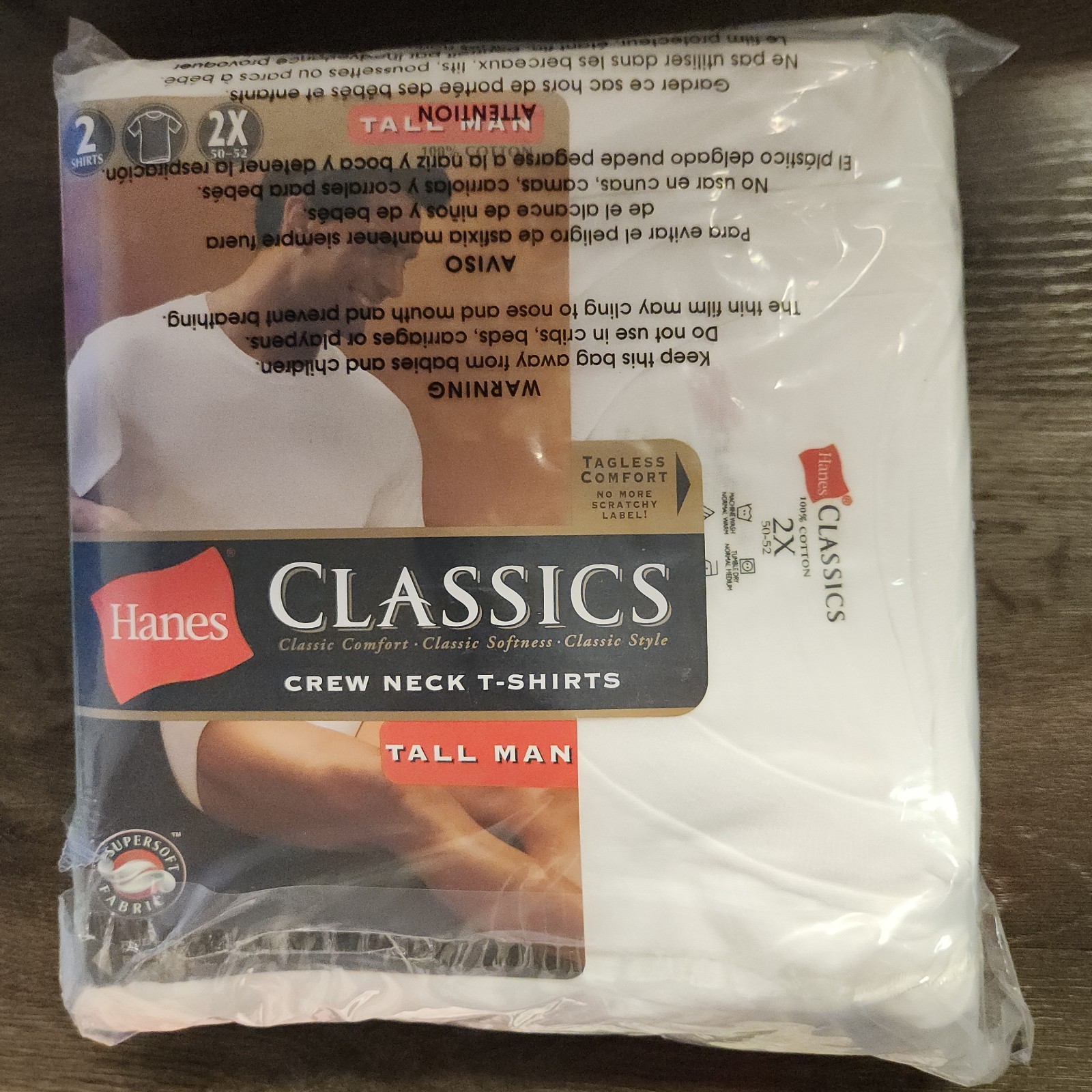 Vintage Hanes 2 PK Classics Crew Neck Shirts Mens 2X (50-52) Cotton Tagless NEW