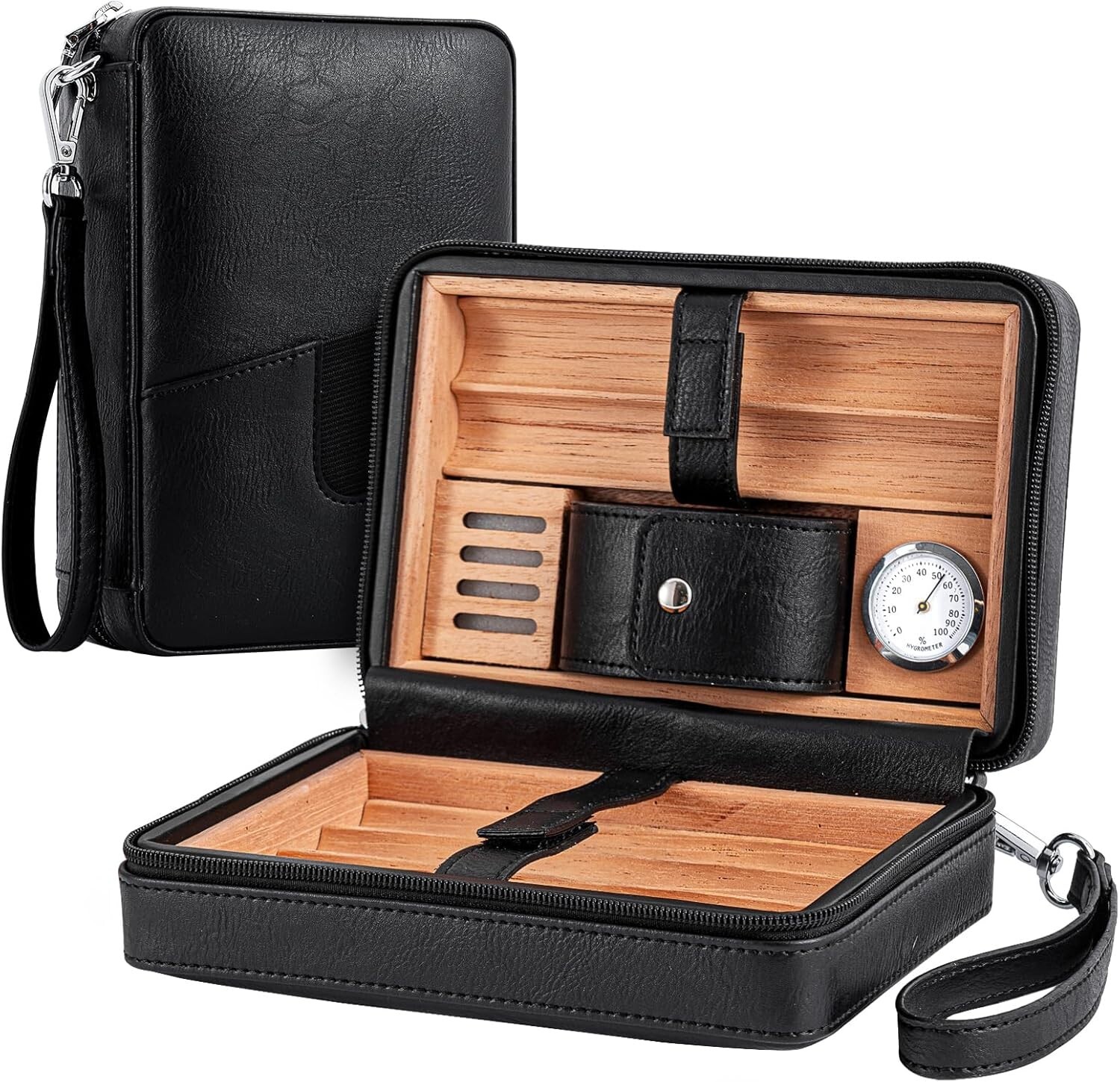 Cigar Humidor Cedar Wood Lined Leather Cigar Case Capacity 6 pcs Built in Hygrom Cigar Humidor Cedar Wood Lined Leather Cigar Case Capacity 6 pcs Built in Hygrom