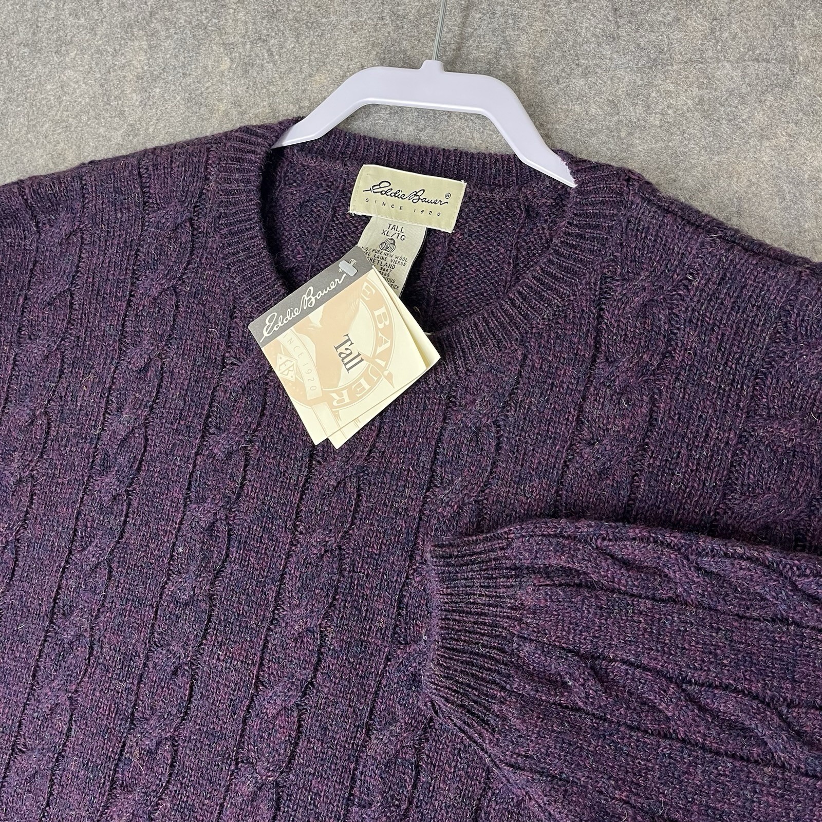 VTG Eddie Bauer Shetland Wool Sweater Mens XLT Tall Purple Cable Knit NWT New