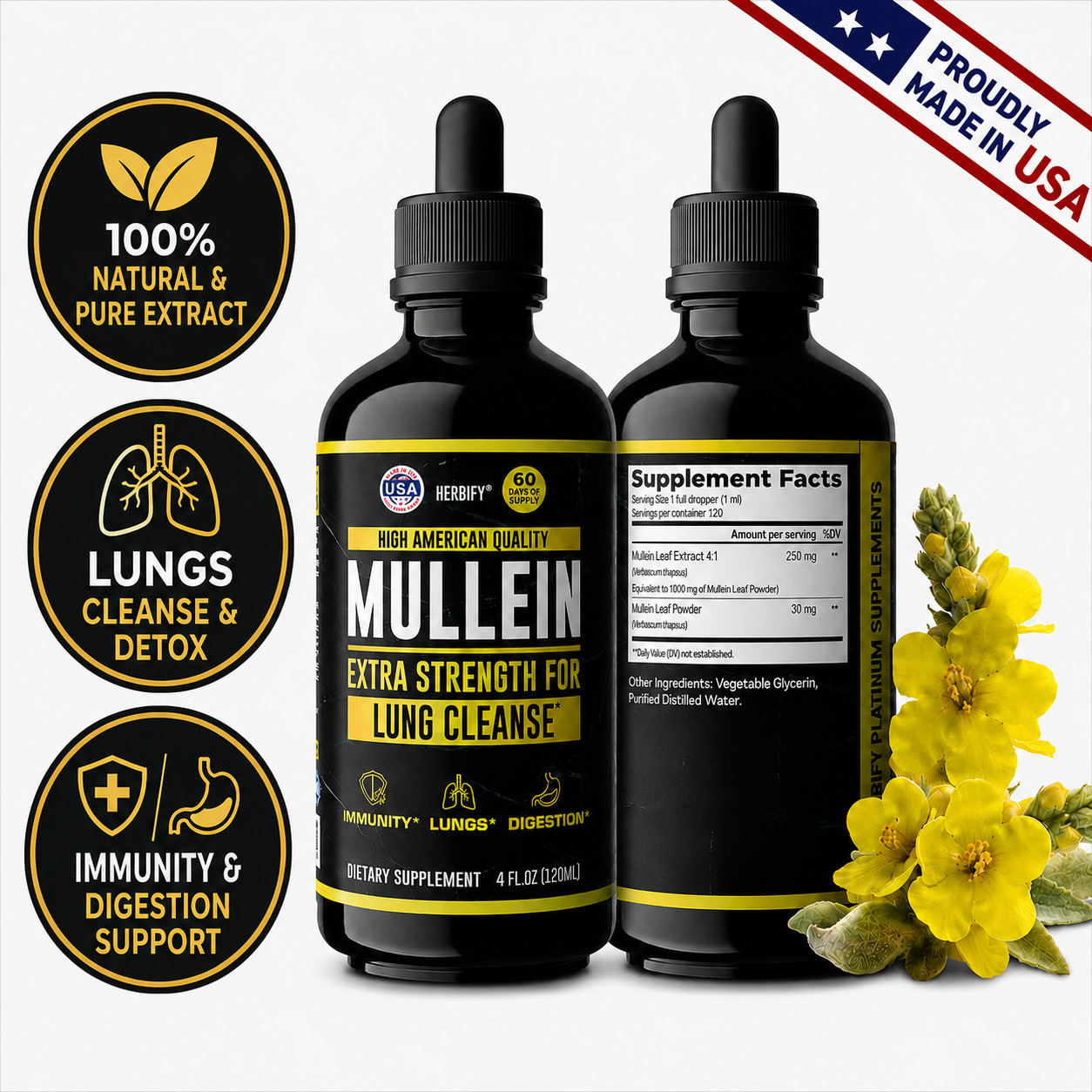 Mullein Drops Supplement for Lungs Support & Cleanse, Flower & Leaf Extract, 4oz Mullein Drops Supplement for Lungs Support & Cleanse, Flower & Leaf Extract, 4oz