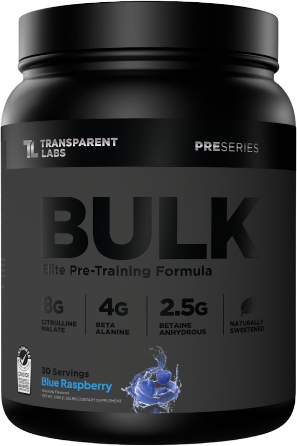 Transparent Labs Bulk Black Pre Workout  Clinically Dosed, Naturally Sweetene...